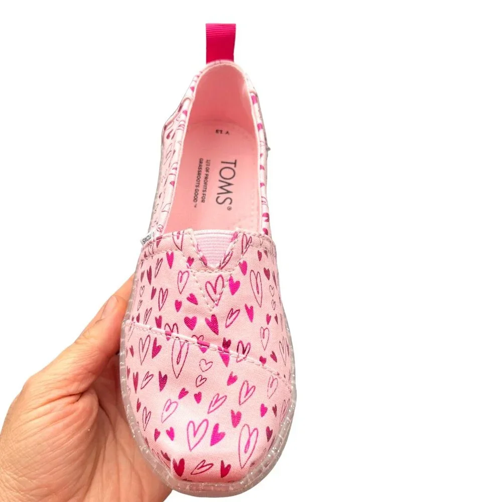 Toms Little Girls Alpargata‎ Shoes Size 13 Pink Heart Print Slip on Lightweight